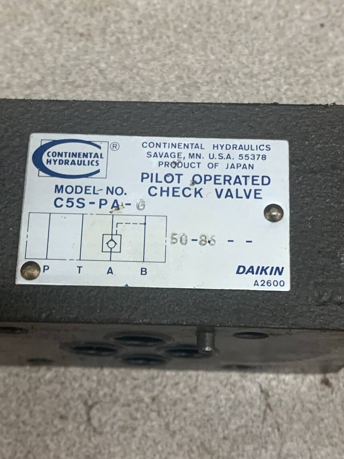 NEW NO BOX CONTINENTAL HYDRAULICS PILOT OPERATED CHECK VALVE C5S-PA-G