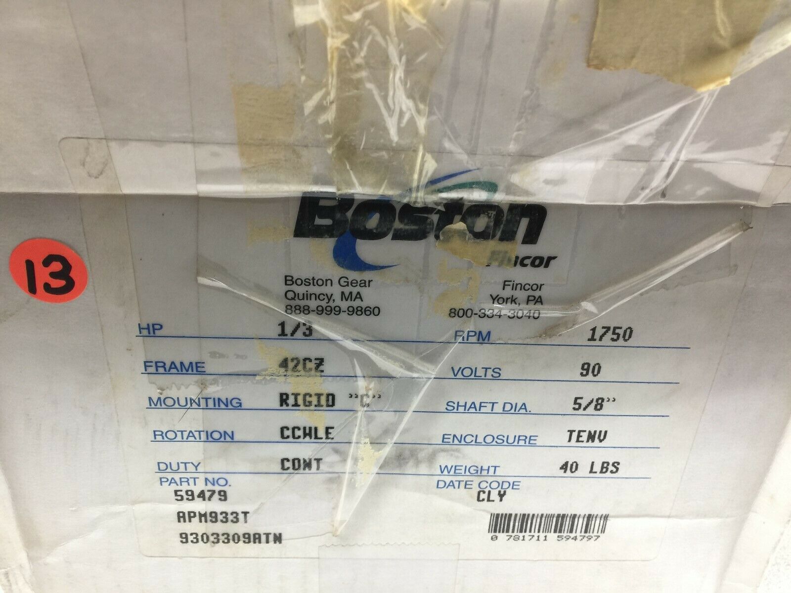 NEW IN BOX BOSTON 1/3 HP 1750 RPM 90 VAC 42CZ FR MOTOR 59479