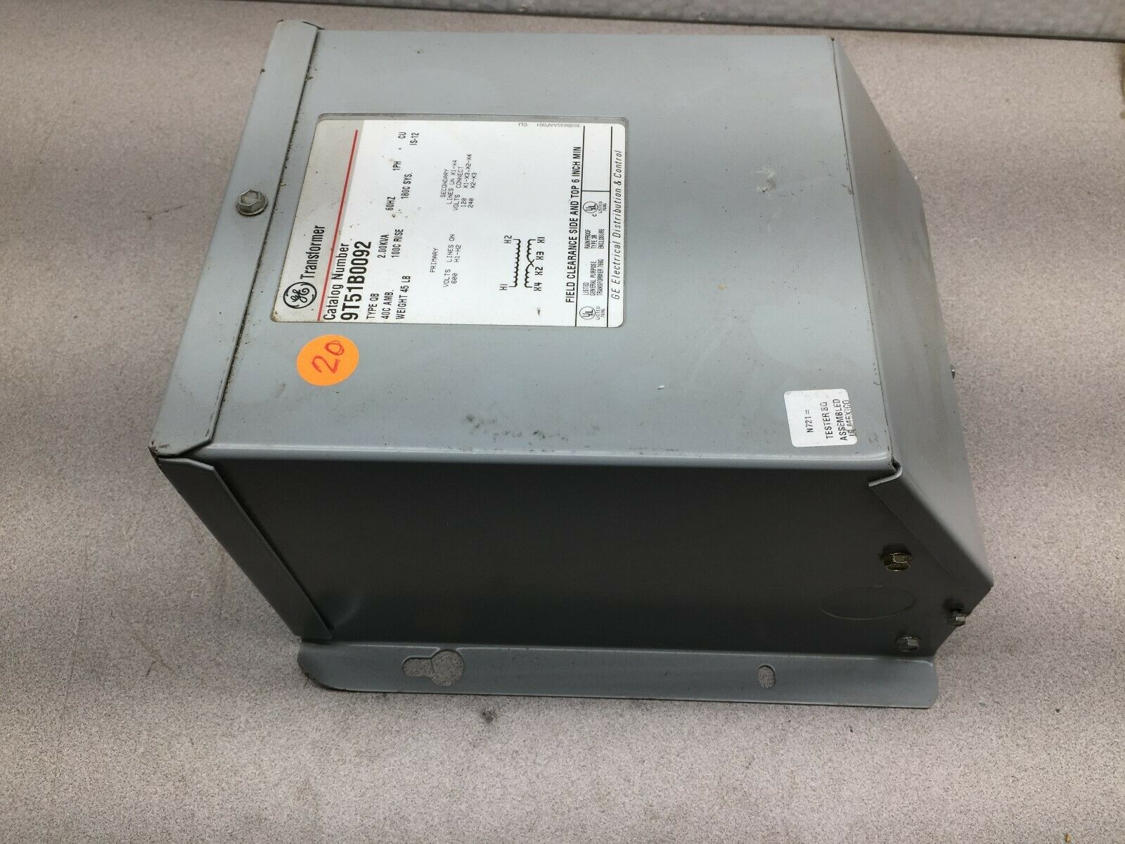 NEW NO BOX GE 2.00KVA 1PH 600VAC PRI 120/240VAC SEC TRANSFORMER 9T51B0092