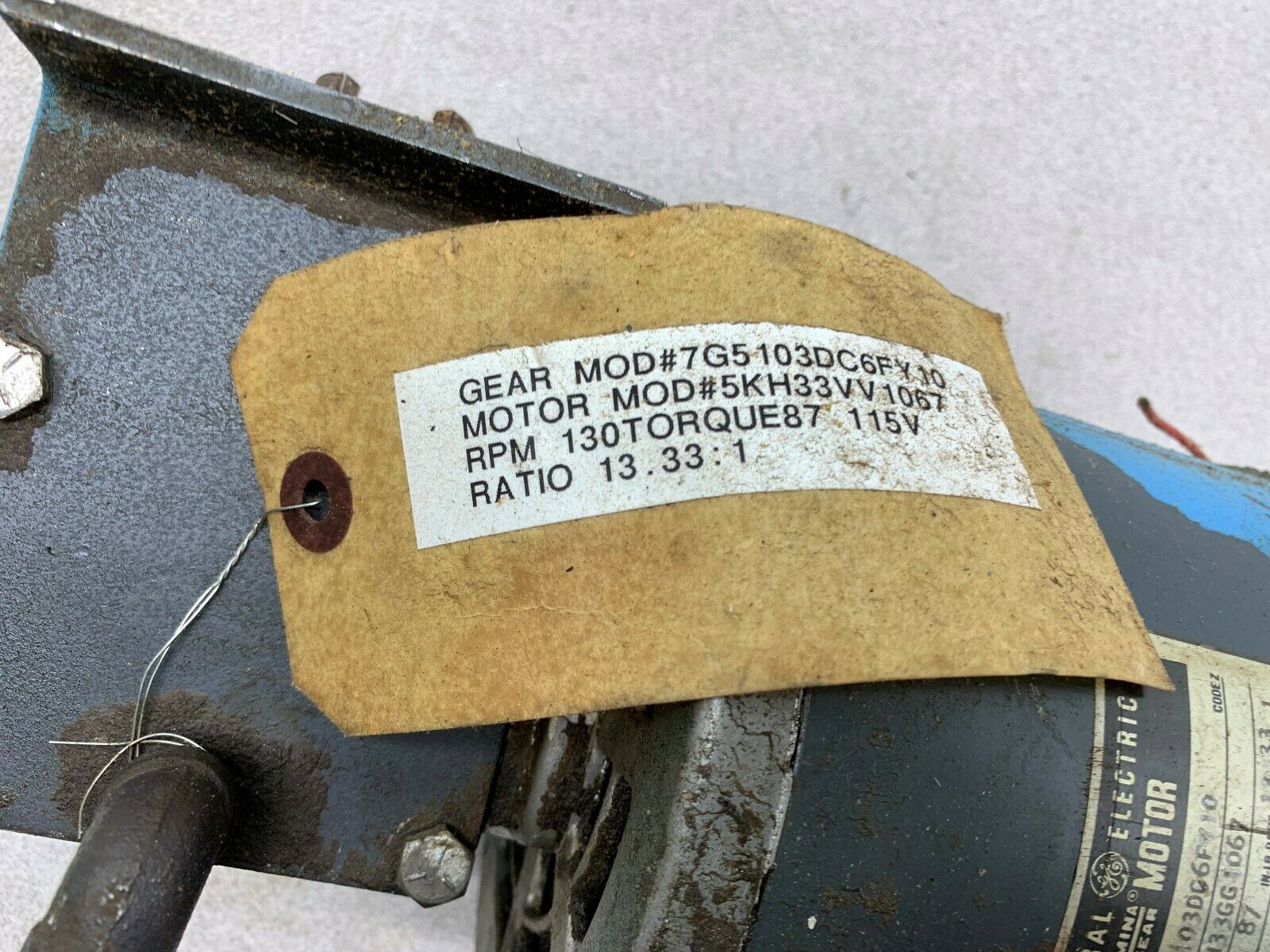 USED GENERAL ELECTRIC 13.33:1 GEARMOTOR 5KH33GG1067 WITH 7GS103DC6FY10