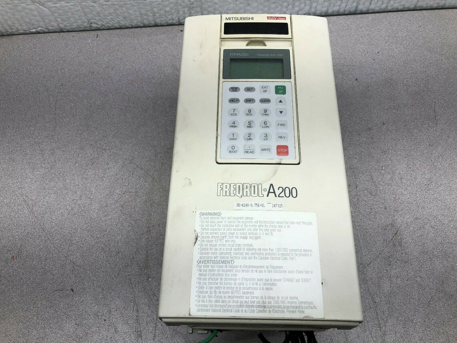 USED MITSUBISHI FREQROL-A200 1.5 HP 3 PH 380-460 VAC INVERTER DRIVE FR-A240-0.75