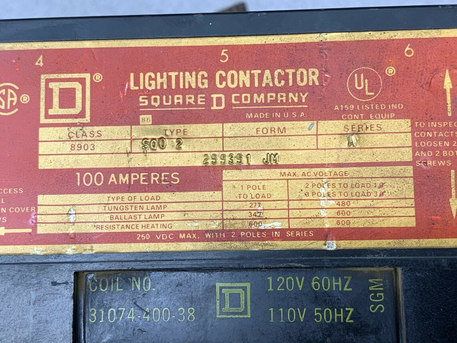 USED SQUARE D 8903 SQ02 LIGHTING CONTACTOR 8903 SQO 2 WITH 110/120V. COIL