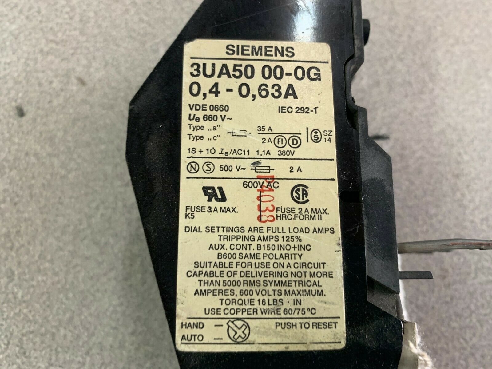 USED SIEMENS RELAY 3UA50-00-0G