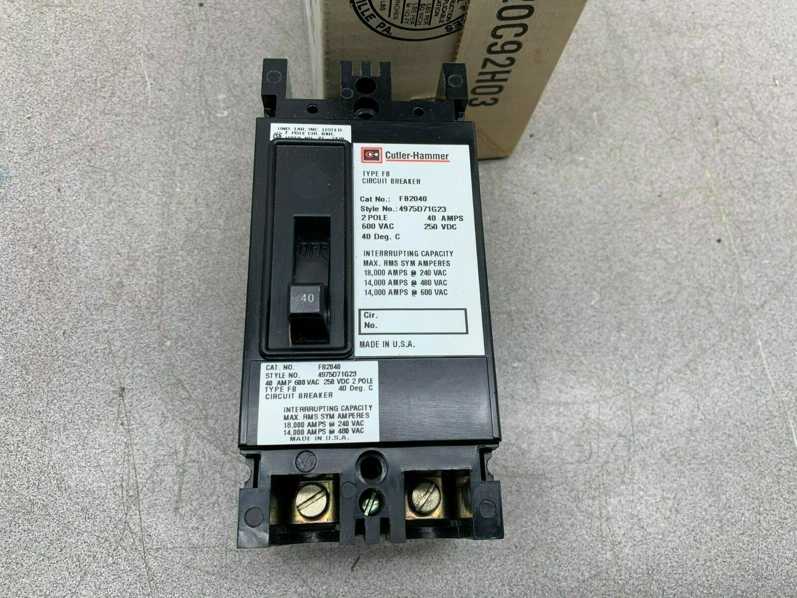 NEW IN BOX CUTLER-HAMMER 4975D71G23 TYPE FB 2 POLE 40AMP CIRCUIT BREAKER FB2040