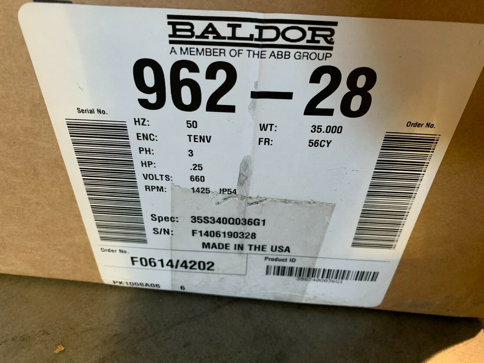 NEW IN BOX BALDOR 3 PHASE 962-28 1/4HP MOTOR 1425RPM 0962-28 SPEC 35S340Q036G1