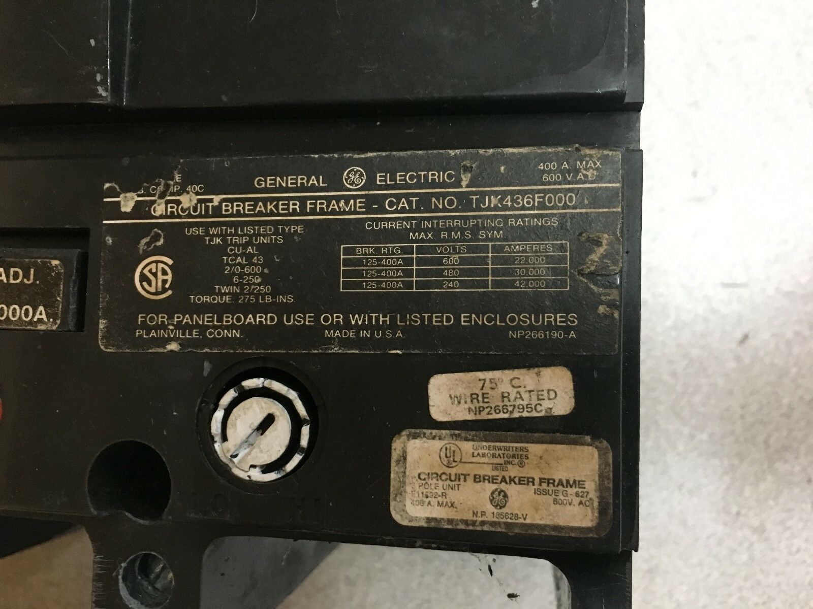 USED GENERAL ELECTRIC 3 POLE 400AMP CIRCUIT BREAKER TJK436F000