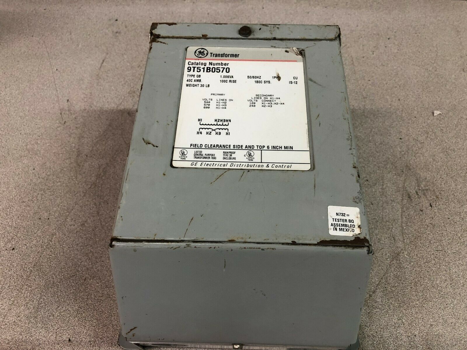 NEW NO BOX GE 1KVA 540/570/600 V PRI 120/240V SEC RAIN PROOF 3R ENCLOSURE TRANSF