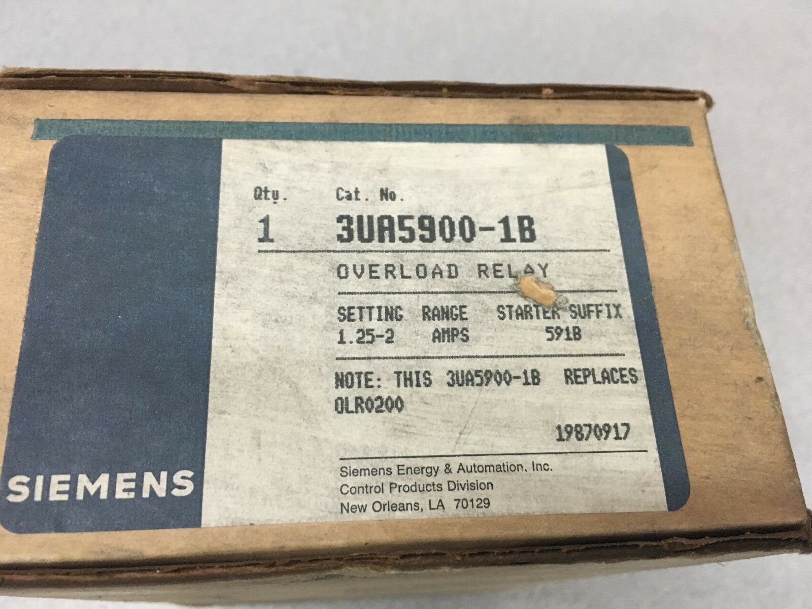 NEW IN BOX SIEMENS OVERLOAD RELAY 3UA5900-1B