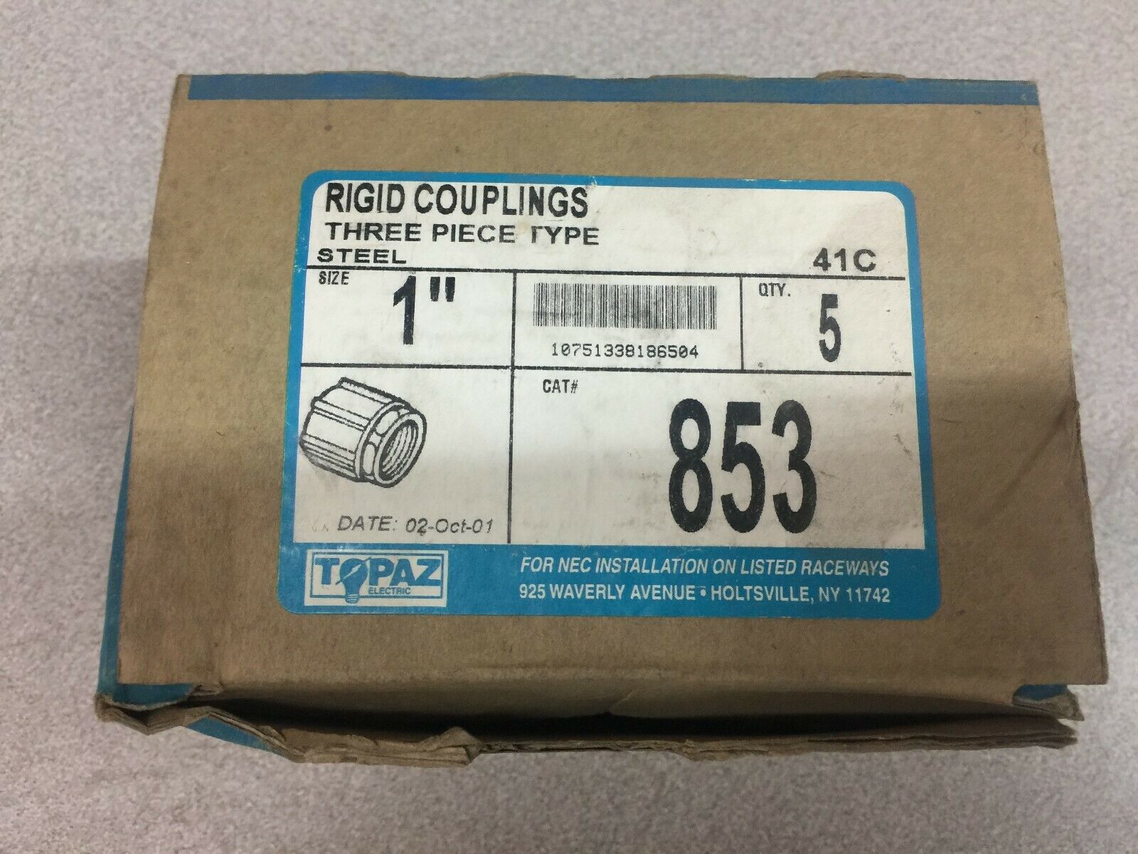 NEW IN BOX OF 5 TOPAZ 1" THREE PIECE STEEL UNION COUPLING 853