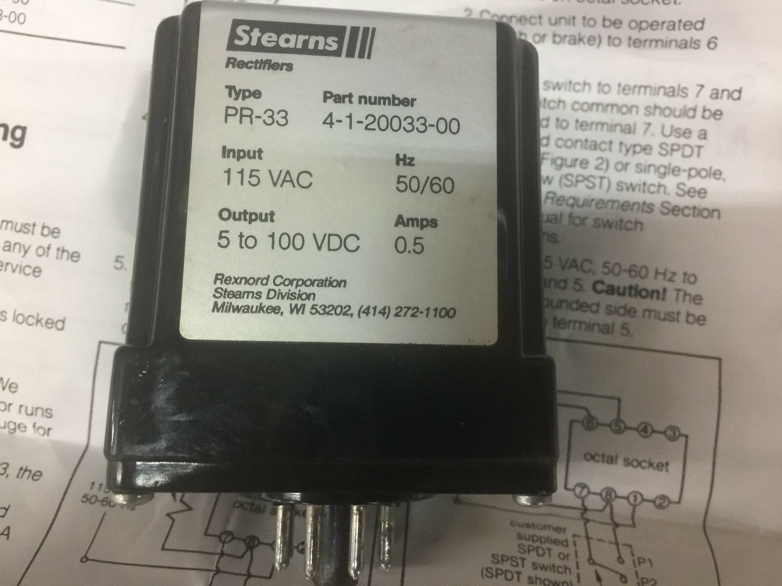 NEW NO BOX STEARNS TYPE PR-33 115VAC RECTIFIER 4-1-20033-00