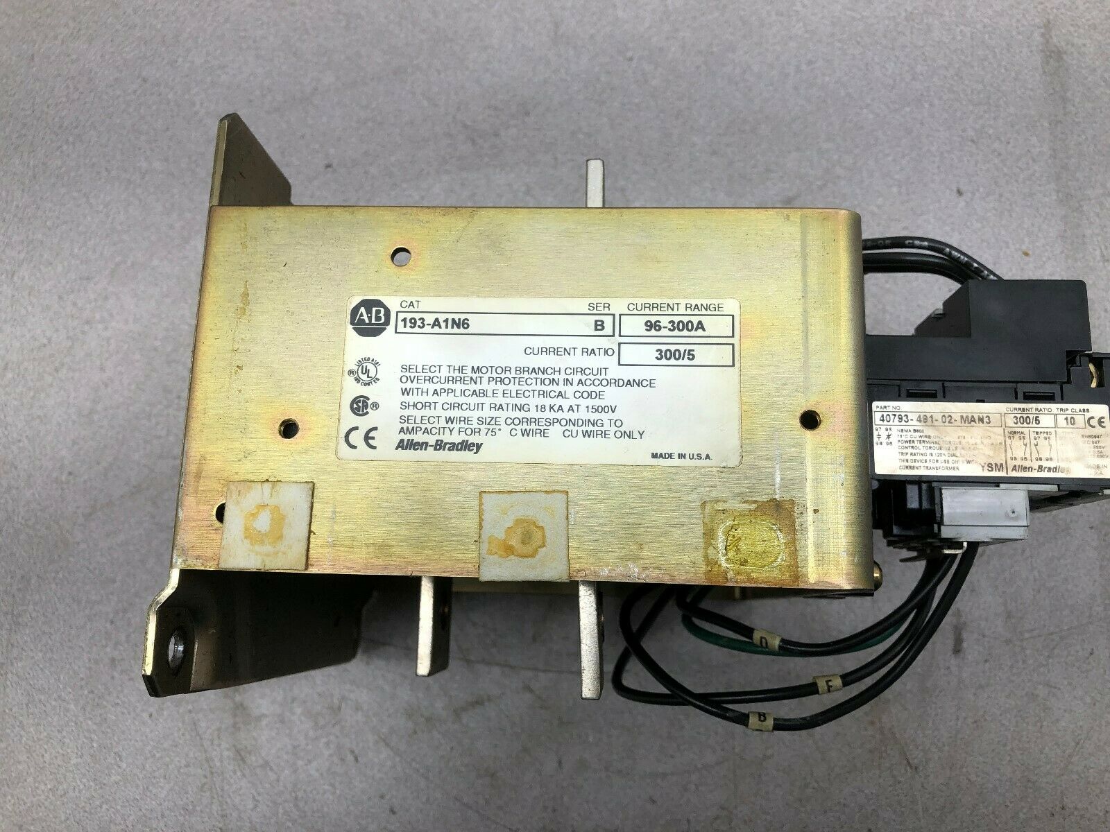 USED ALLEN BRADLEY 96-300 AMP 300/5 CURRENT RATIO OVERLOAD RELAY 193-A1N6