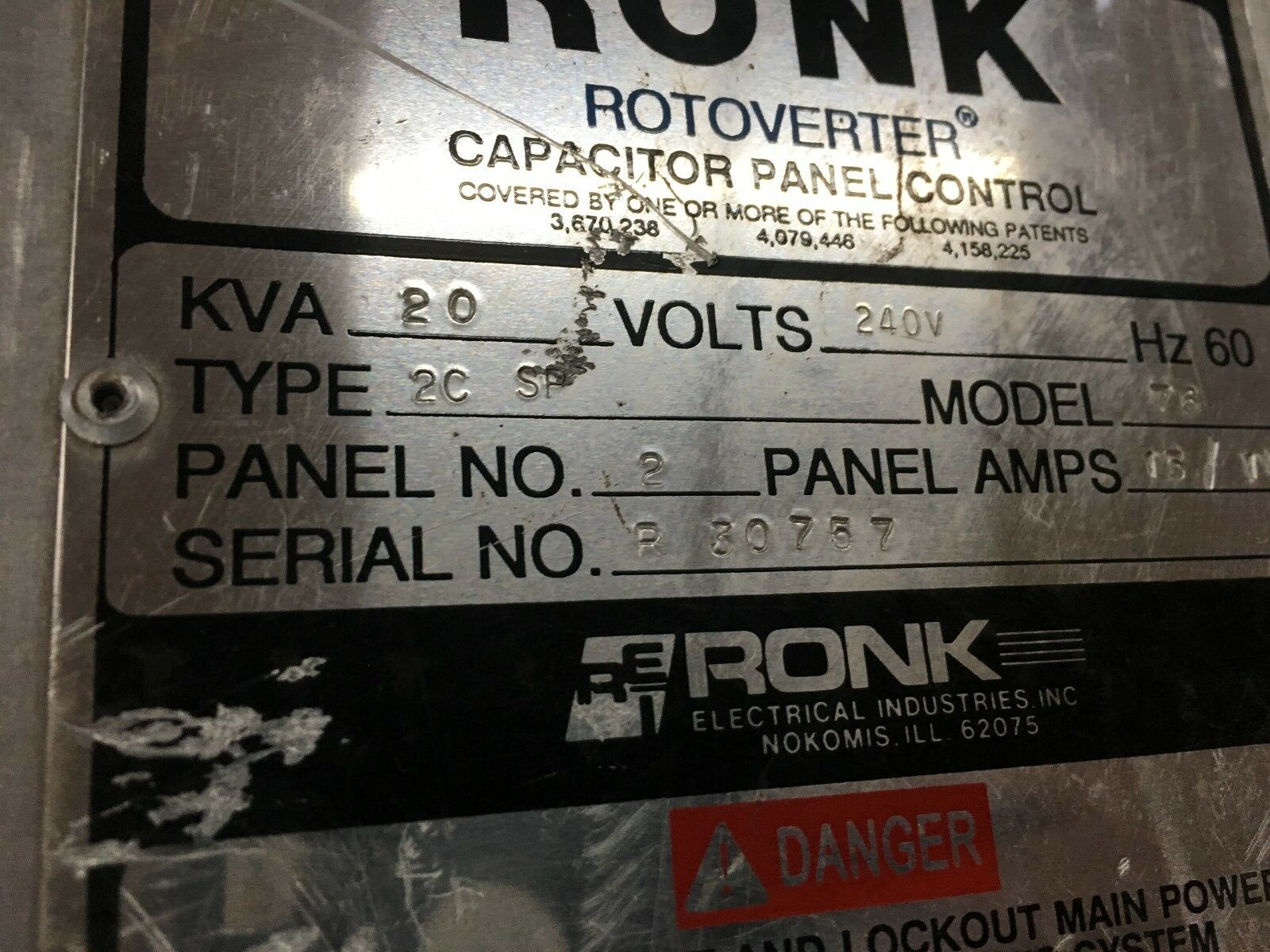 USED RONK 20 KVA ROTOVERTER 240V CAPAITOR PANEL CONTROL TYPE 2C SP MODEL 76