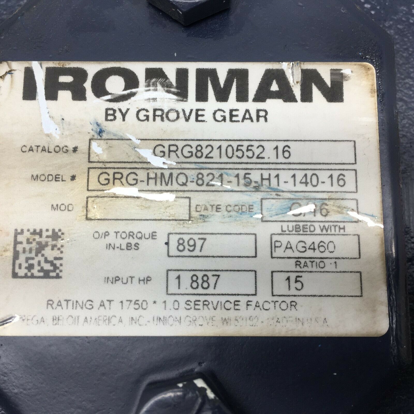 NEW NO BOX IRONMAN 15:1 RATIO 1.887 HP GEAR REDUCER GRG-HMQ-821-15-H1-140-16