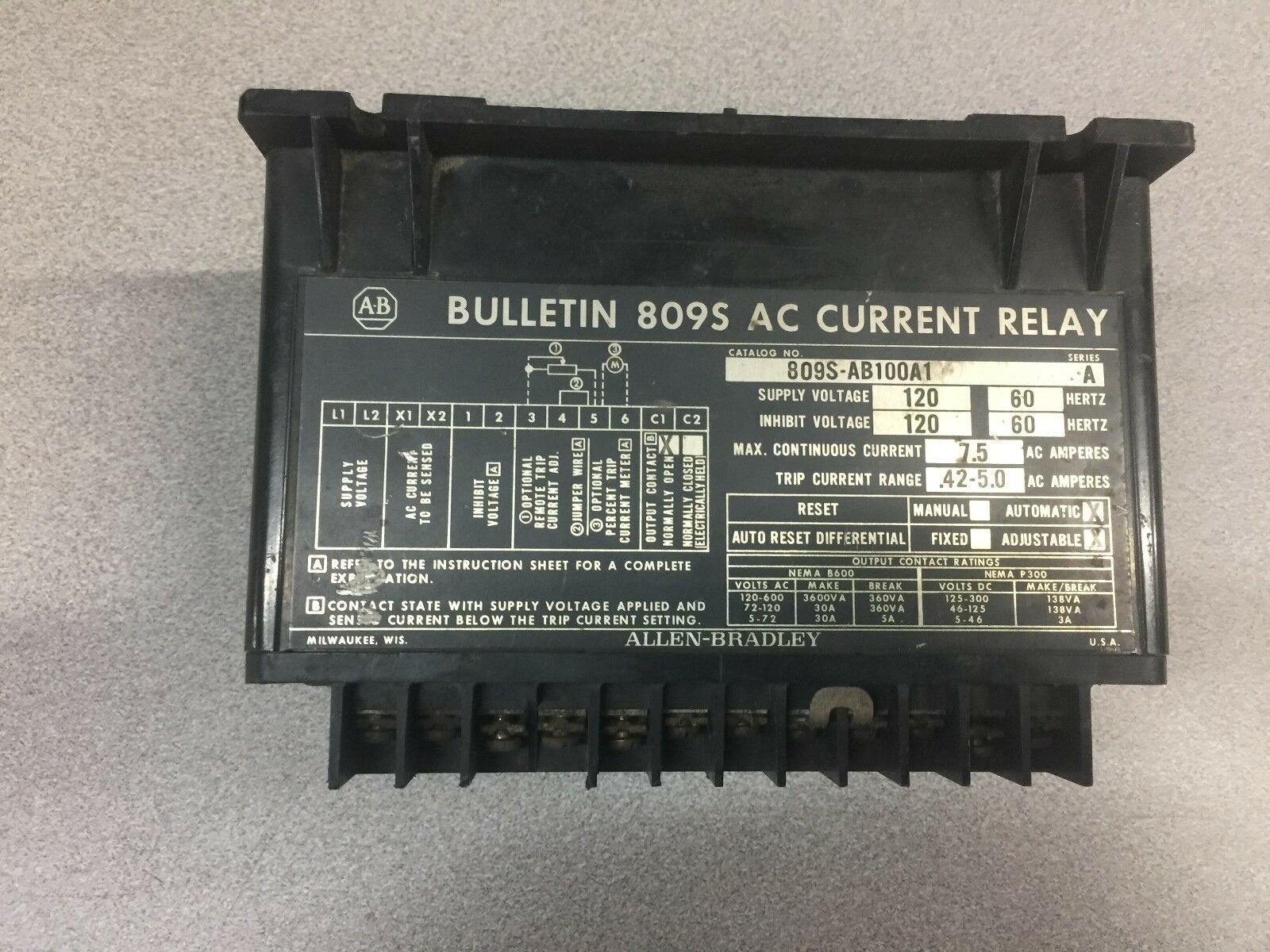 USED ALLEN BRADLEY .42-5.0 AMP 120VAC AC CURRENT RELAY 809S-AB100A1