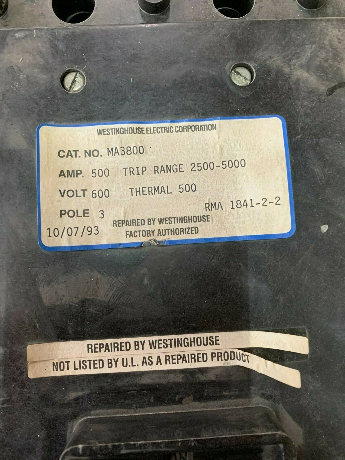 USED WESTINGHOUSE 3 POLE 500AMP CIRCUIT BREAKER MA3800