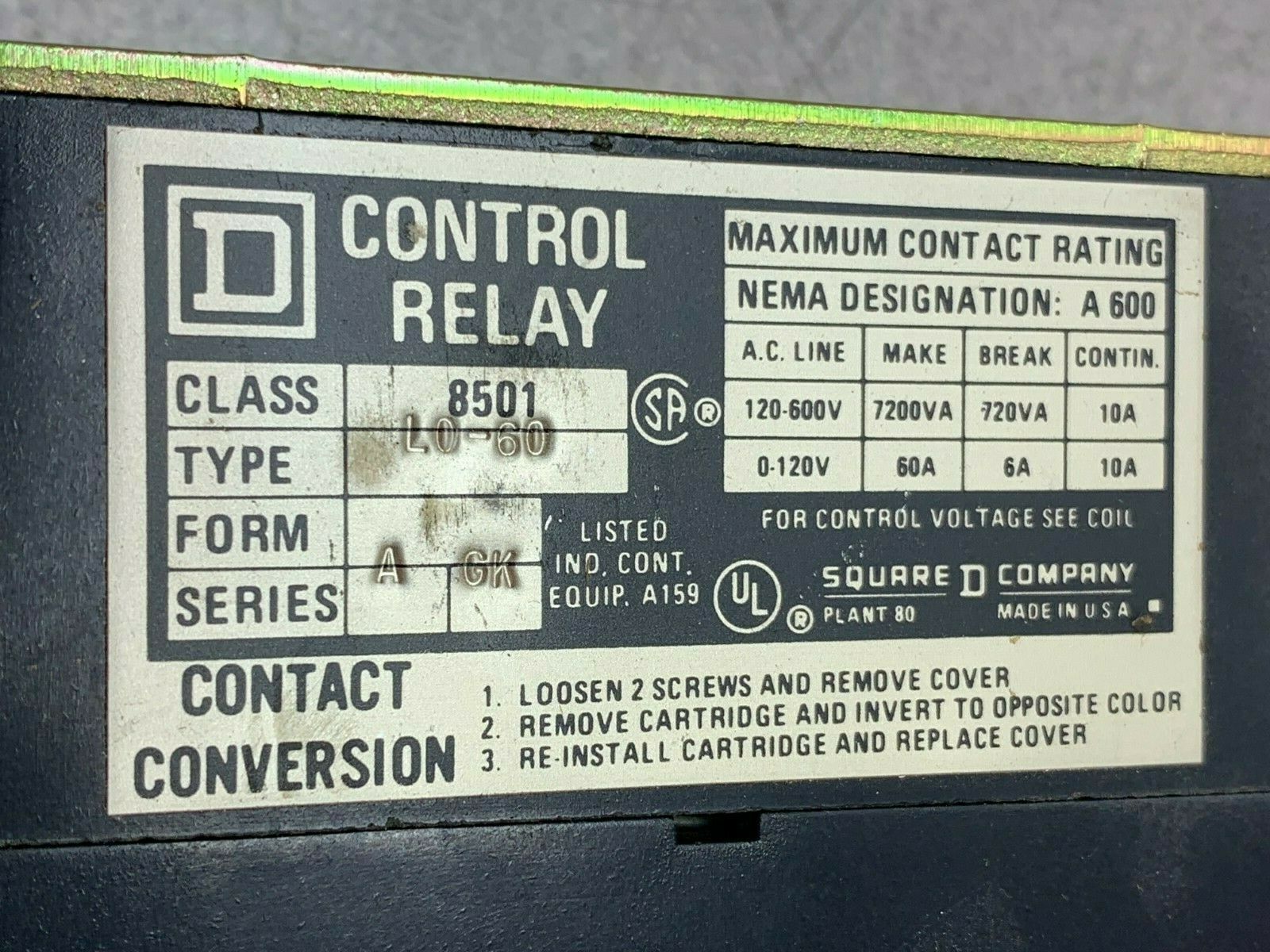 USED SQUARE D RELAY 8501 L0-60