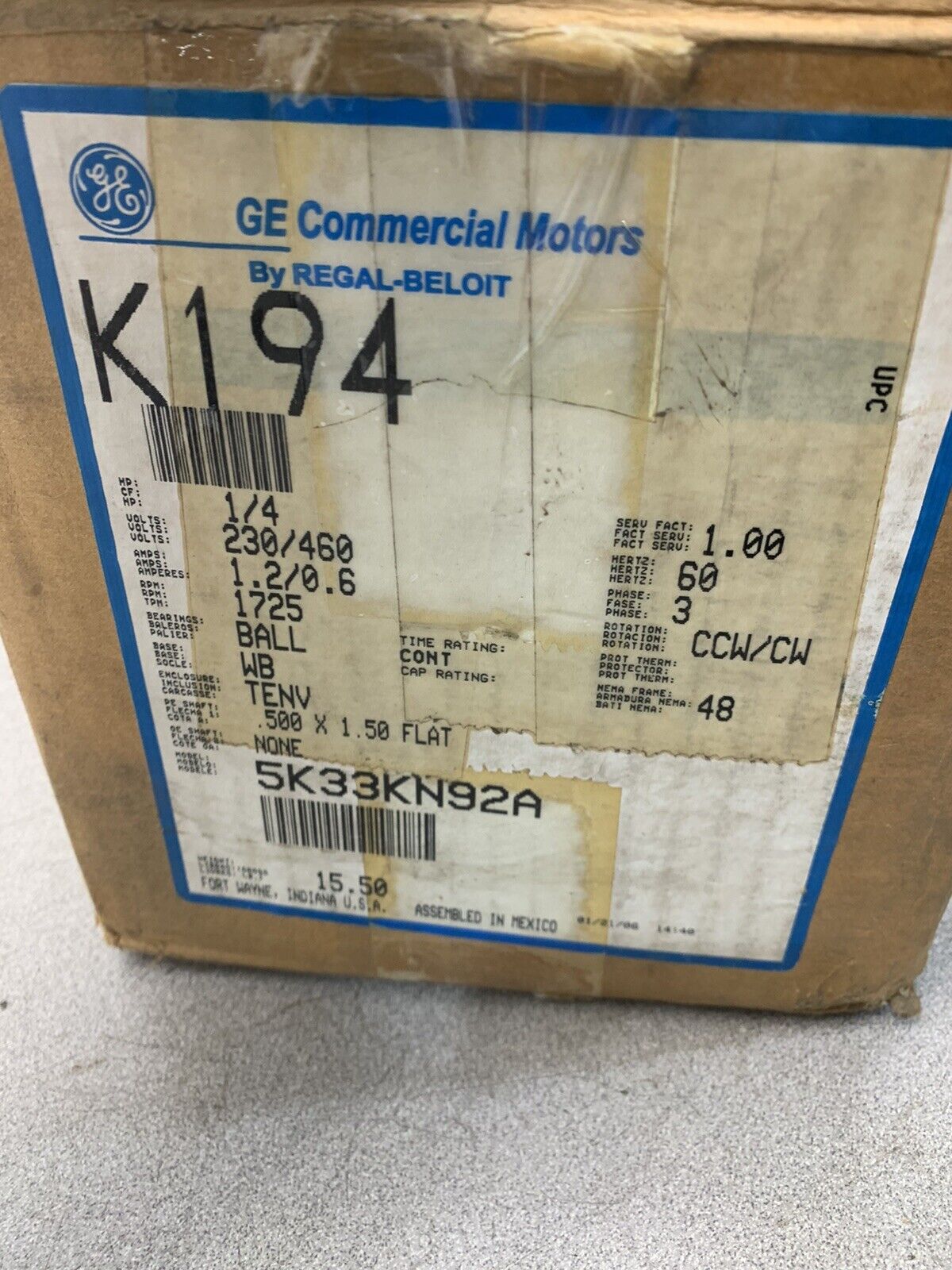 NEW GENERAL ELECTRIC K194 1/4HP 1725RPM ELECTRIC MOTOR 230/460V. 5K33KN92A