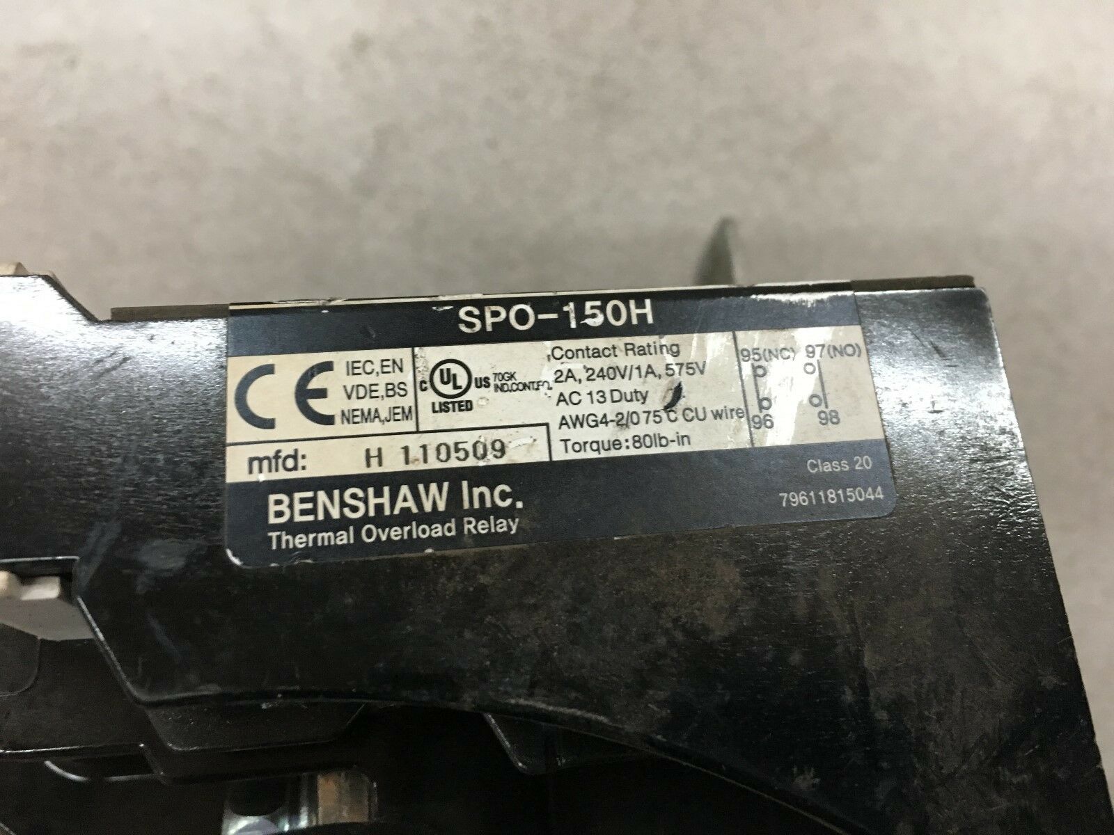 USED BENSHAW THERMAL OVERLOAD RELAY SPO-150H