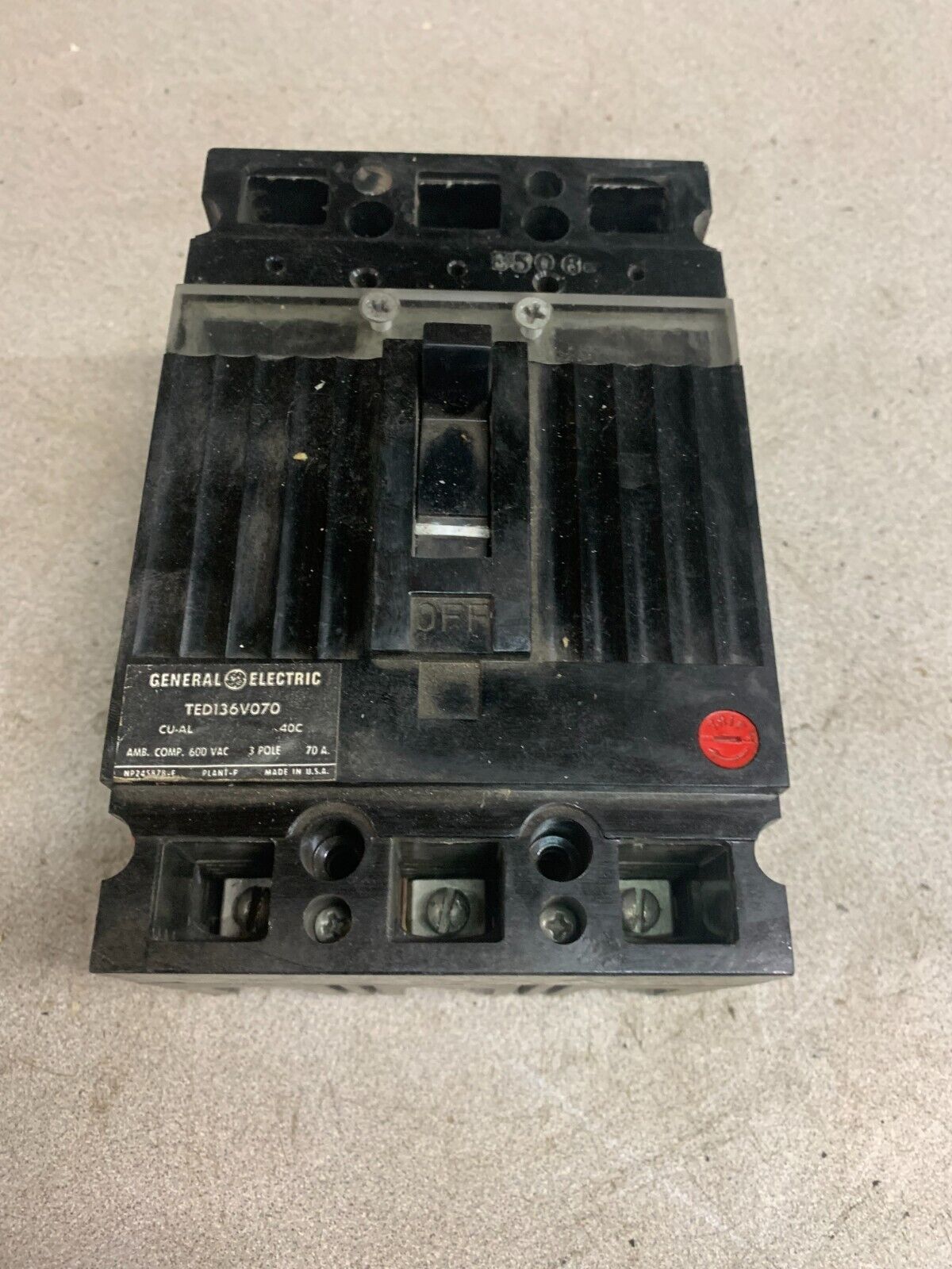 USED GENERAL ELECTRIC 3 POLE 70AMP CIRCUIT BREAKER TED136V070