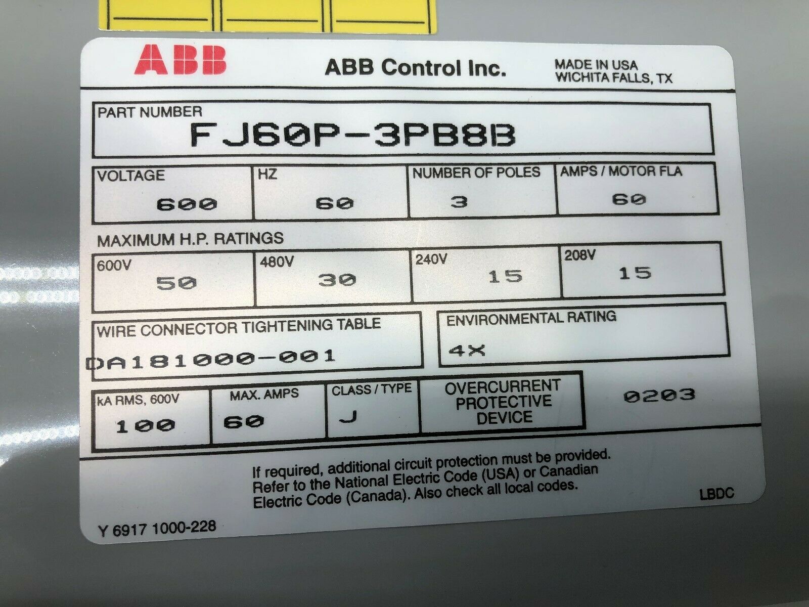 NEW NO BOX ABB 60 AMPS 3 POLE 600 VAC DISCONNECT FJ60P-3PB8B