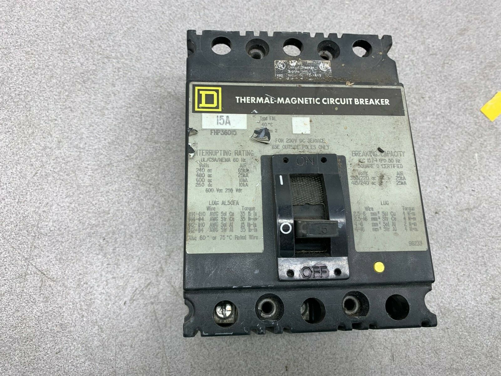 USED SQUARE D BREAKER FHP36015