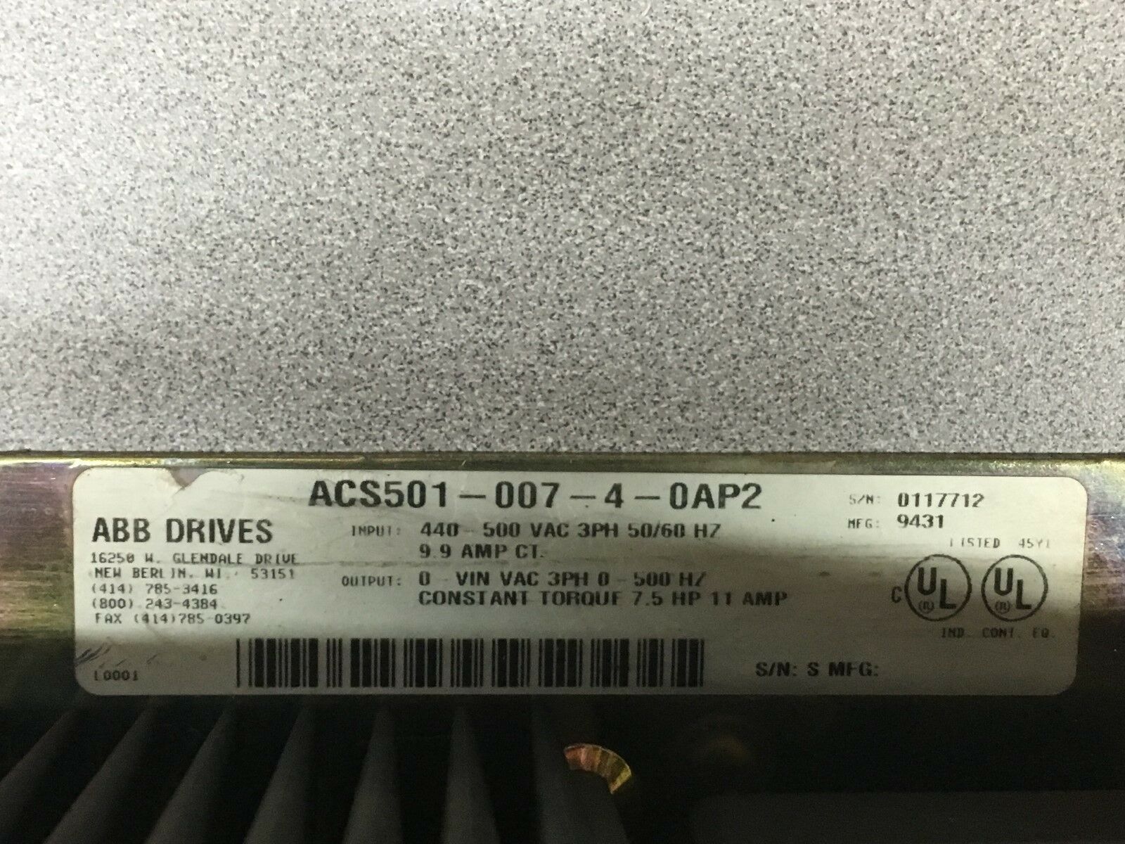 USED ABB ACS 500 7.5HP VARIABLE SPEED DRIVE ACS501-007-4-0AP2