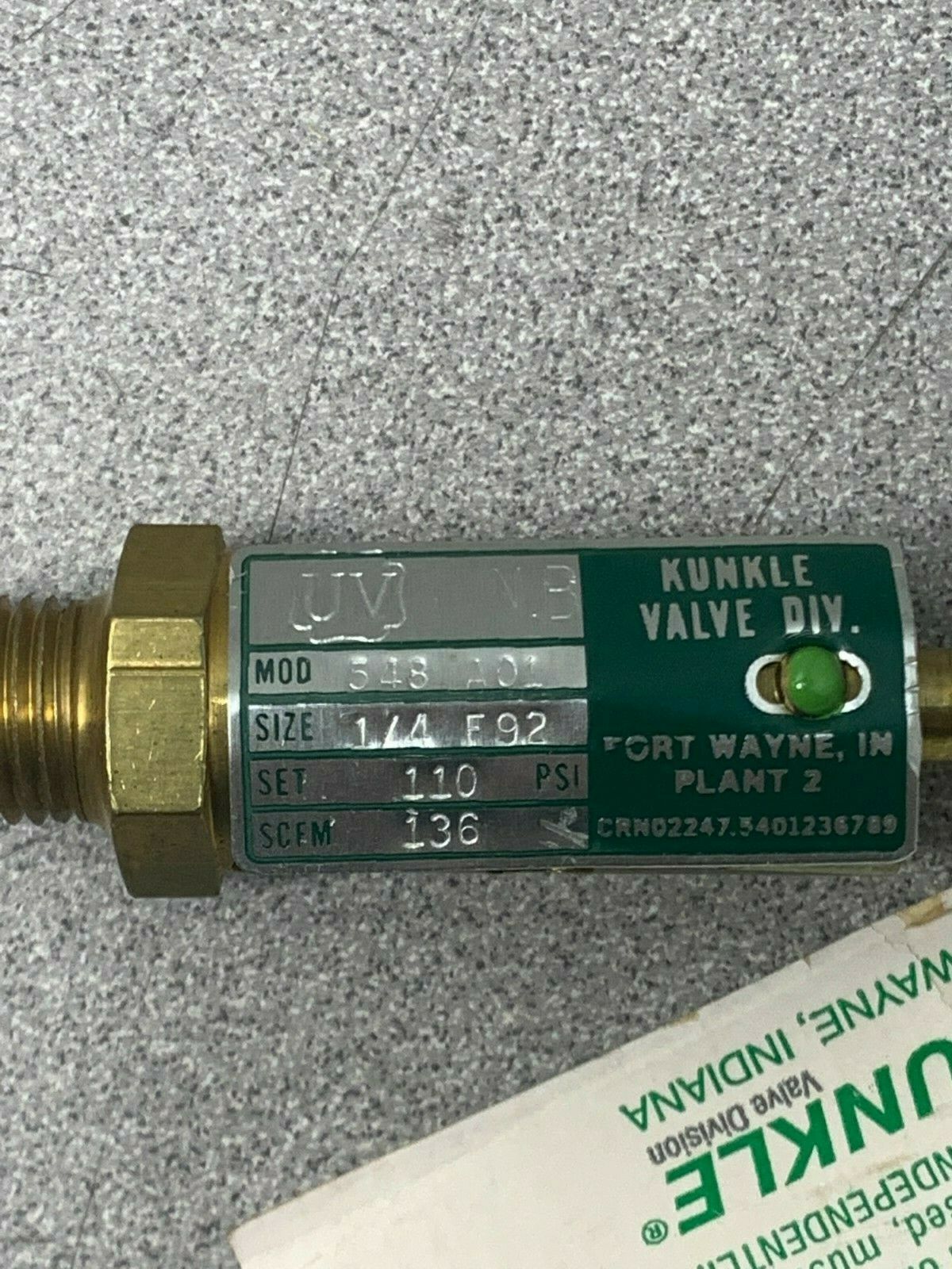 NEW NO BOX KUNKLE 1/4" SAFETY RELIEF 110PSI. VALVE 548 A01