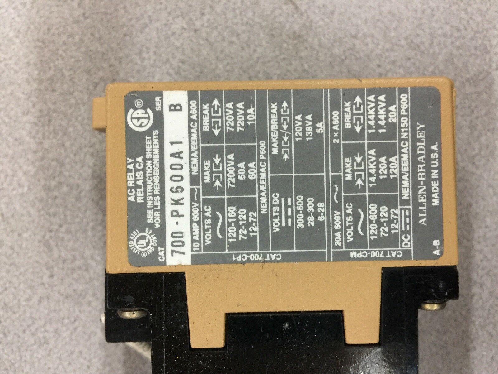 USED NO BOX ALLEN BRADLEY RELAY 700-PK600A1 SER. B