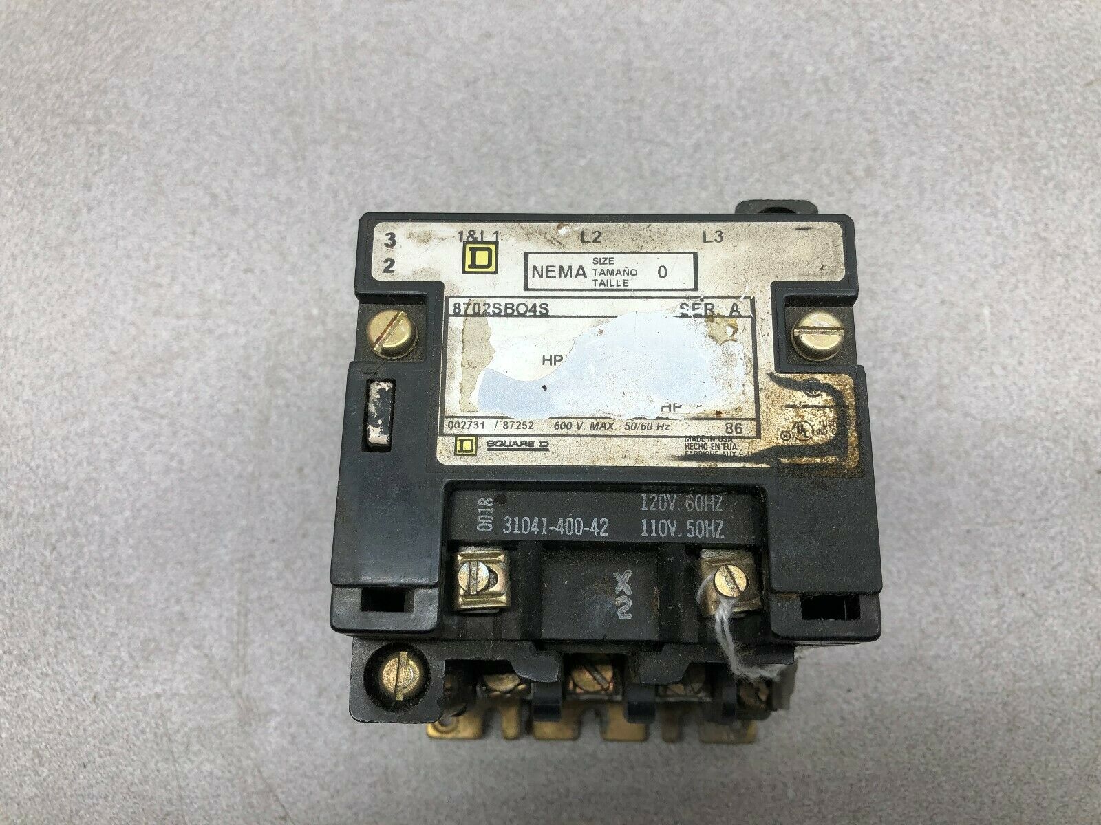 USED SQUARE D SIZE 0 120 VAC COIL 3 POLE 600 VAC MAX CONTACTOR 8702SBO4S SER A