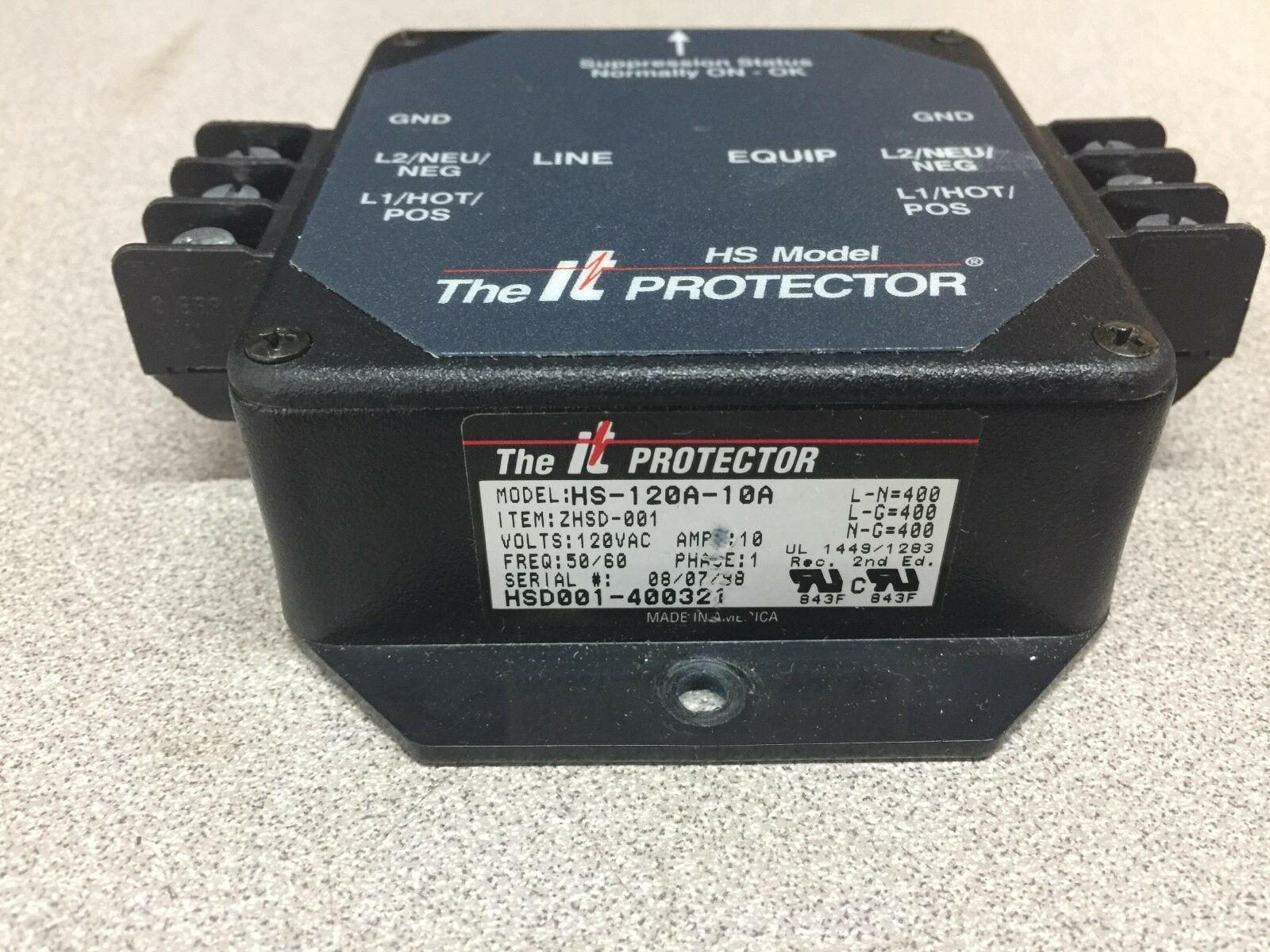 USED THE IT PROTECTOR SURGE PROTECTOR 120V 10 AMP HS-120A-10A