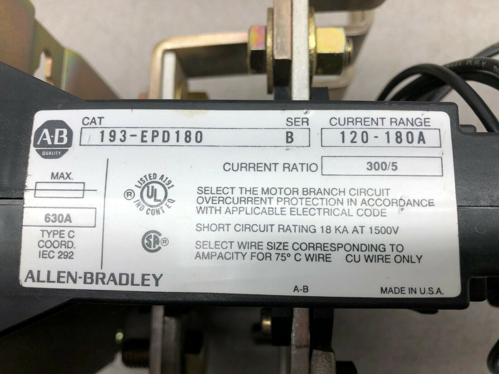 USED ALLEN BRADLEY 300:5 RATIO OVERCURRENT PROTECTION RELAY 193-EPD180