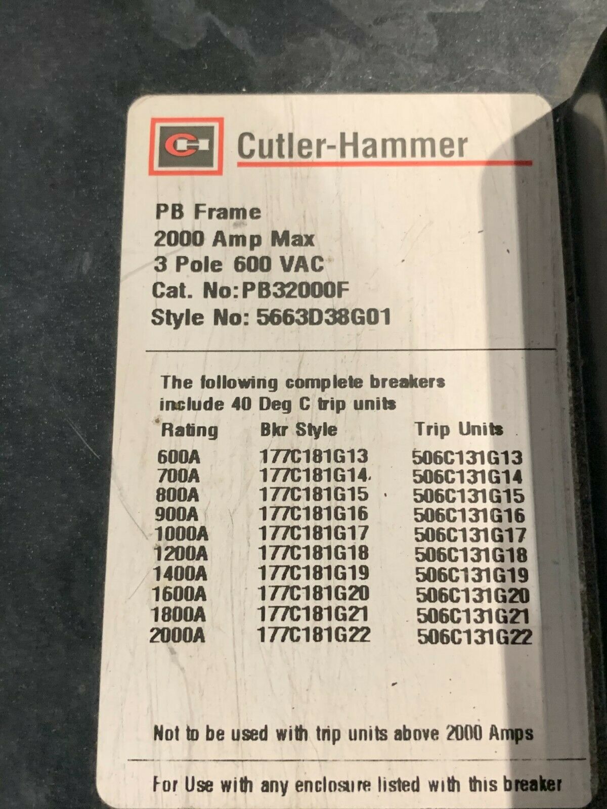 NEW CUTLER-HAMMER 3 POLE 2000AMP FRAME 1600AMP TRIP CIRCUIT BREAKER PB32000F