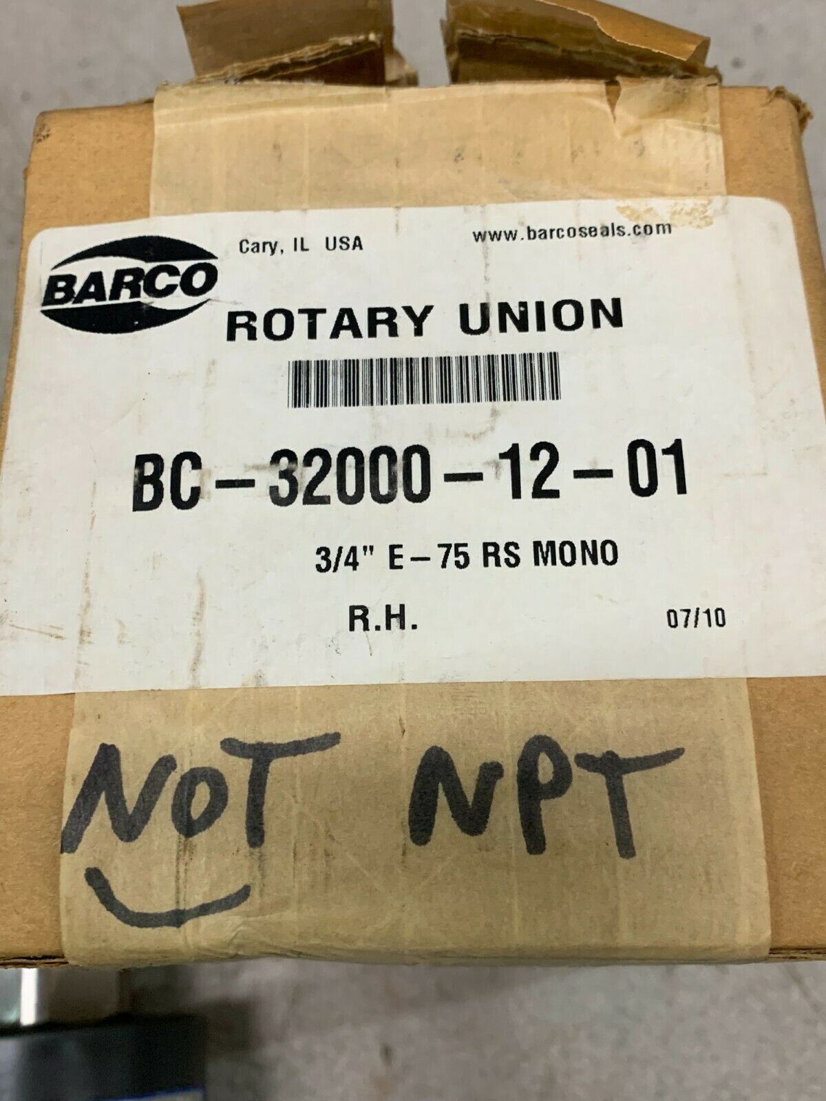 NEW IN BOX BARCO 3/4" E-75 RS MONO R.H. ROTARY UNION BC-32000-12-01