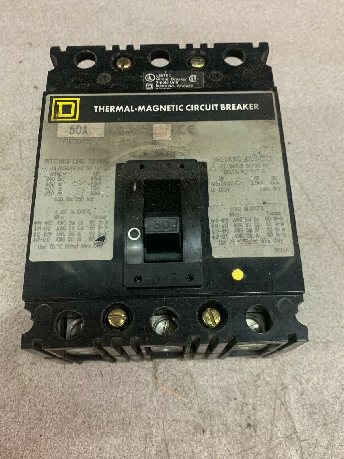 USED SQUARE D 50AMP THERMAL MAGNETIC CIRCUIT BREAKER FHP36050