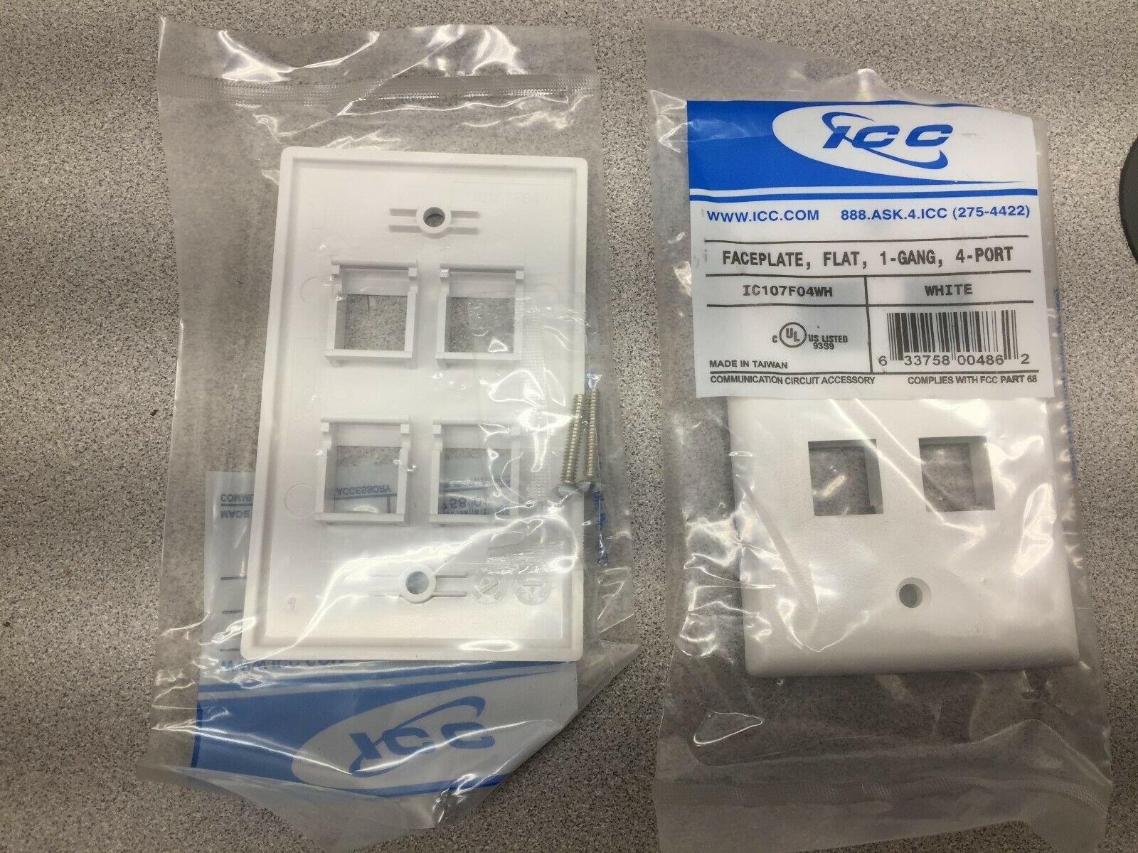 NEW IN BAG (LOT OF 21) ICC 1-GANG 4-PORT FLAT FACEPLATE IC107F04WH