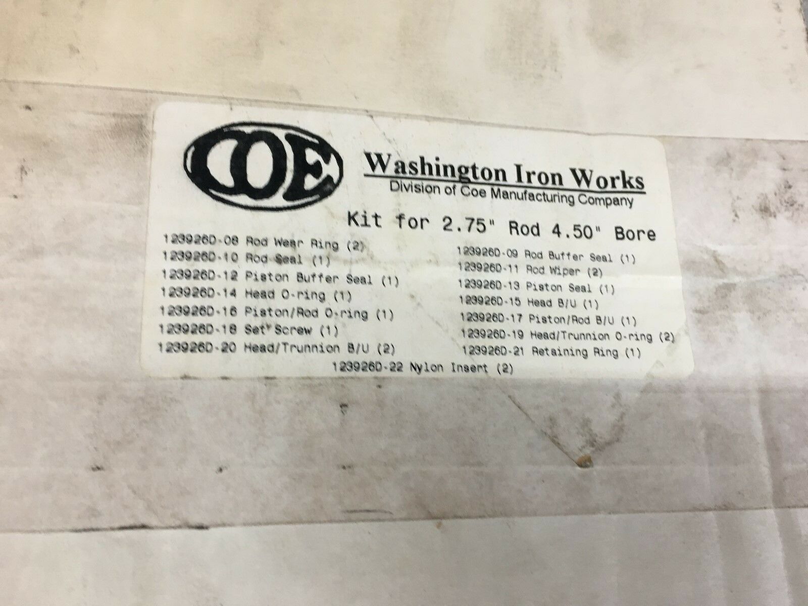 NEW IN BOX WASHINGTON IRON WORKS CYLINDER REPAIR KIT 2.75" ROD 4.50" BORE