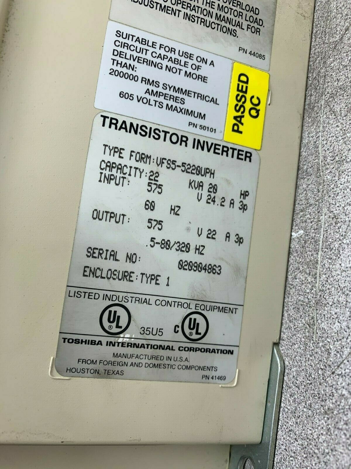 USED TOSHIBA TRANSISTOR INVERTER VFS5-5220UPH