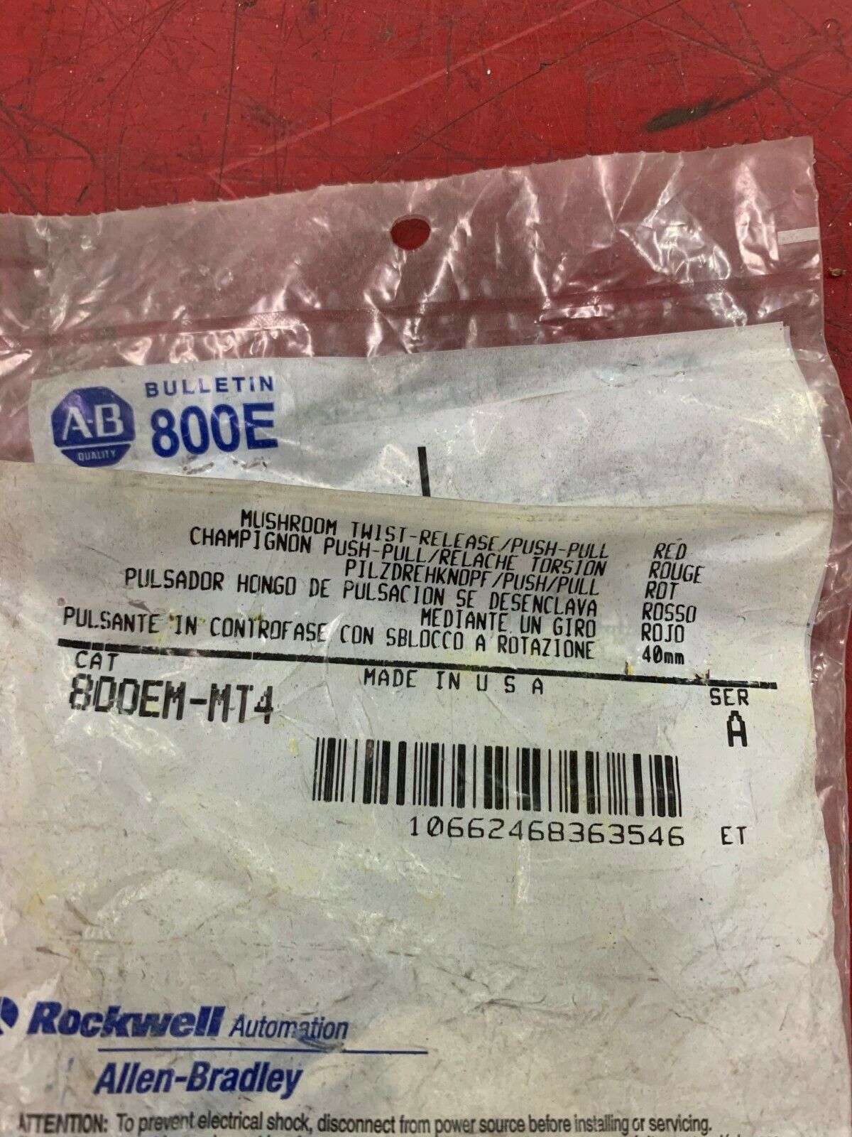 NEW IN BAG ALLEN BRADLEY RED PUSH-PULL 800EM-MT4 SERIES A