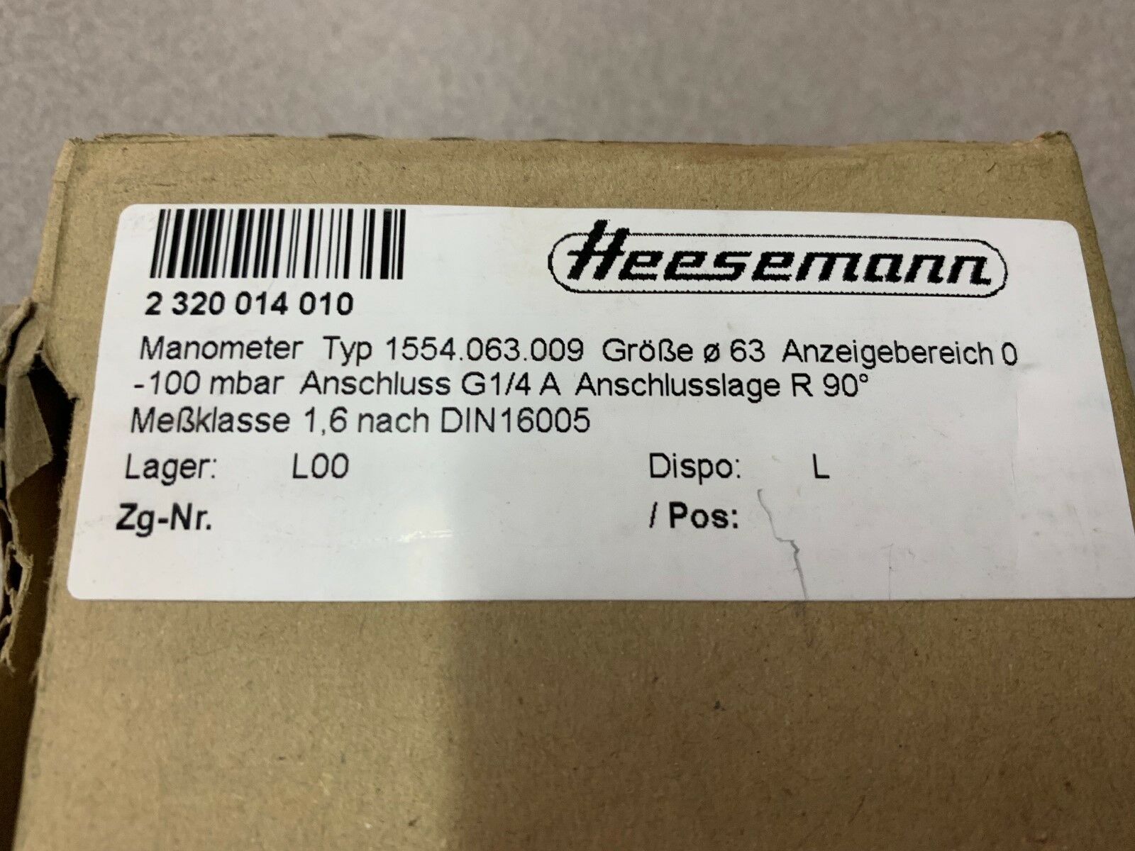 NEW IN BOX HEESEMAN GAUGE P1554M063009