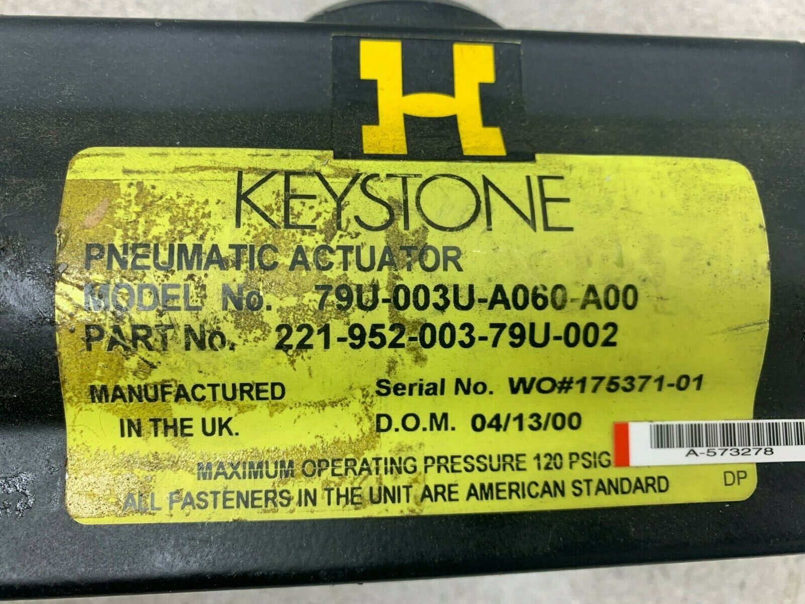 NEW NO BOX KEYSTONE 79U-003U-A060-A00 PNEUMATIC ACTUATOR 221-952-003-79U-002