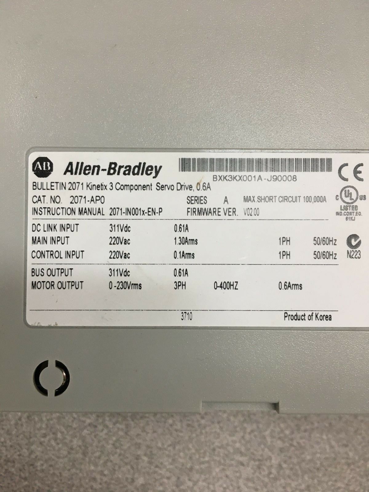 USED ALLEN-BRADLEY Kinetix 3 SERVO DRIVE 2071-AP0 SERIES A