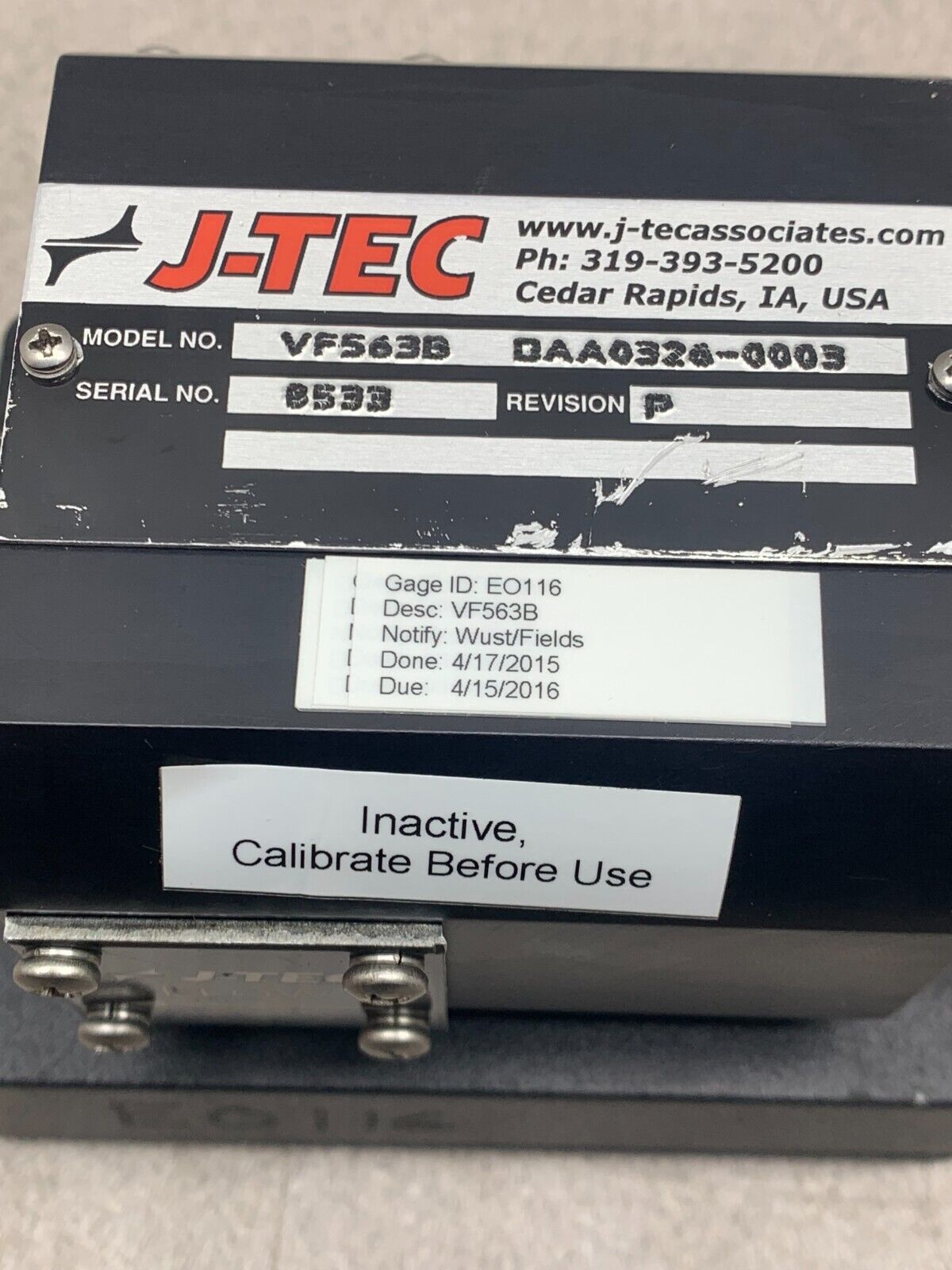 USED J-TEC FLOWMETER VF563B DAA0326-0003