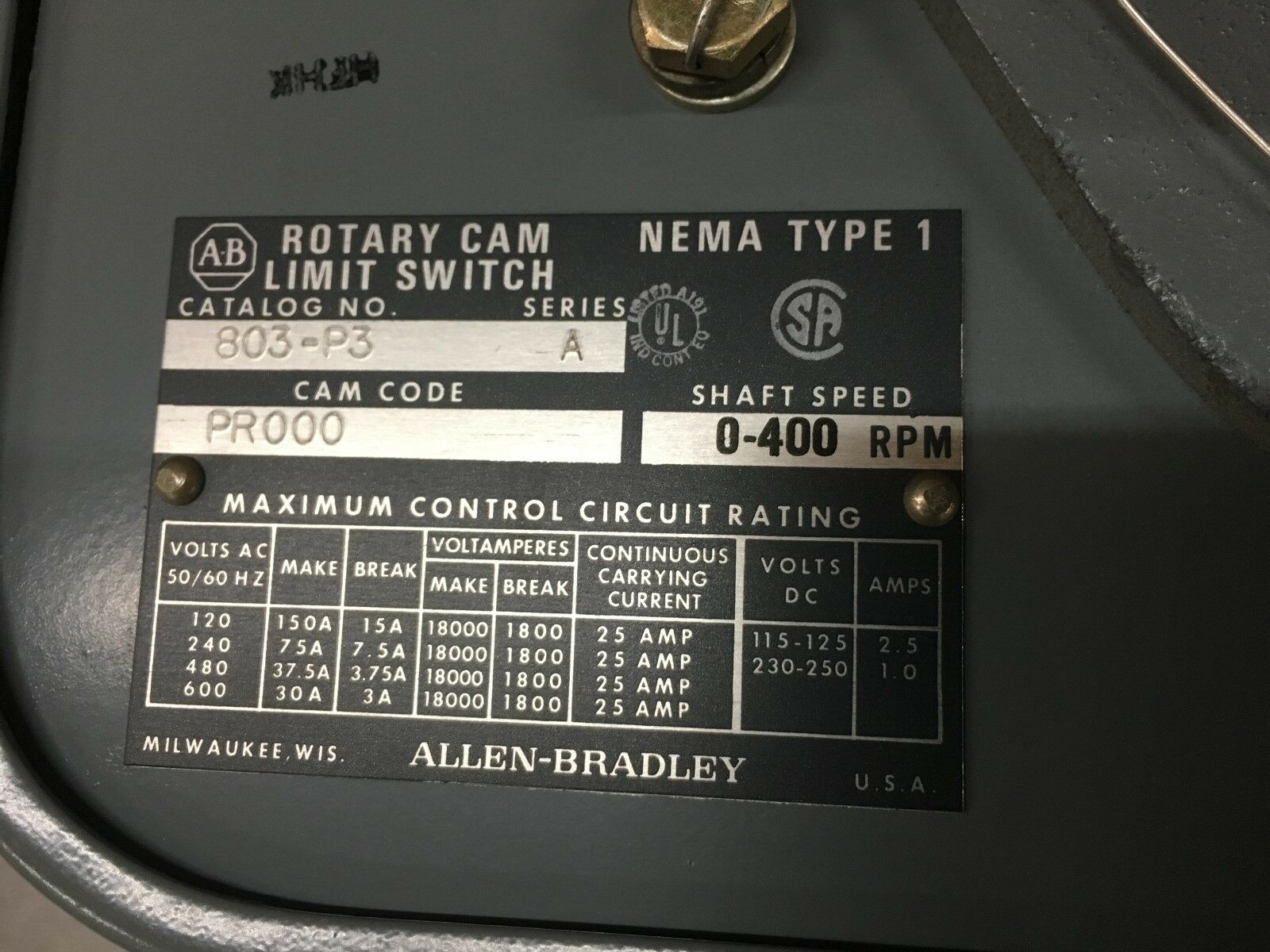 NEW NO BOX ALLEN-BRADLEY 0-400RPM ROTARY CAM LIMIT SWITCH 803-P3 SERIES A