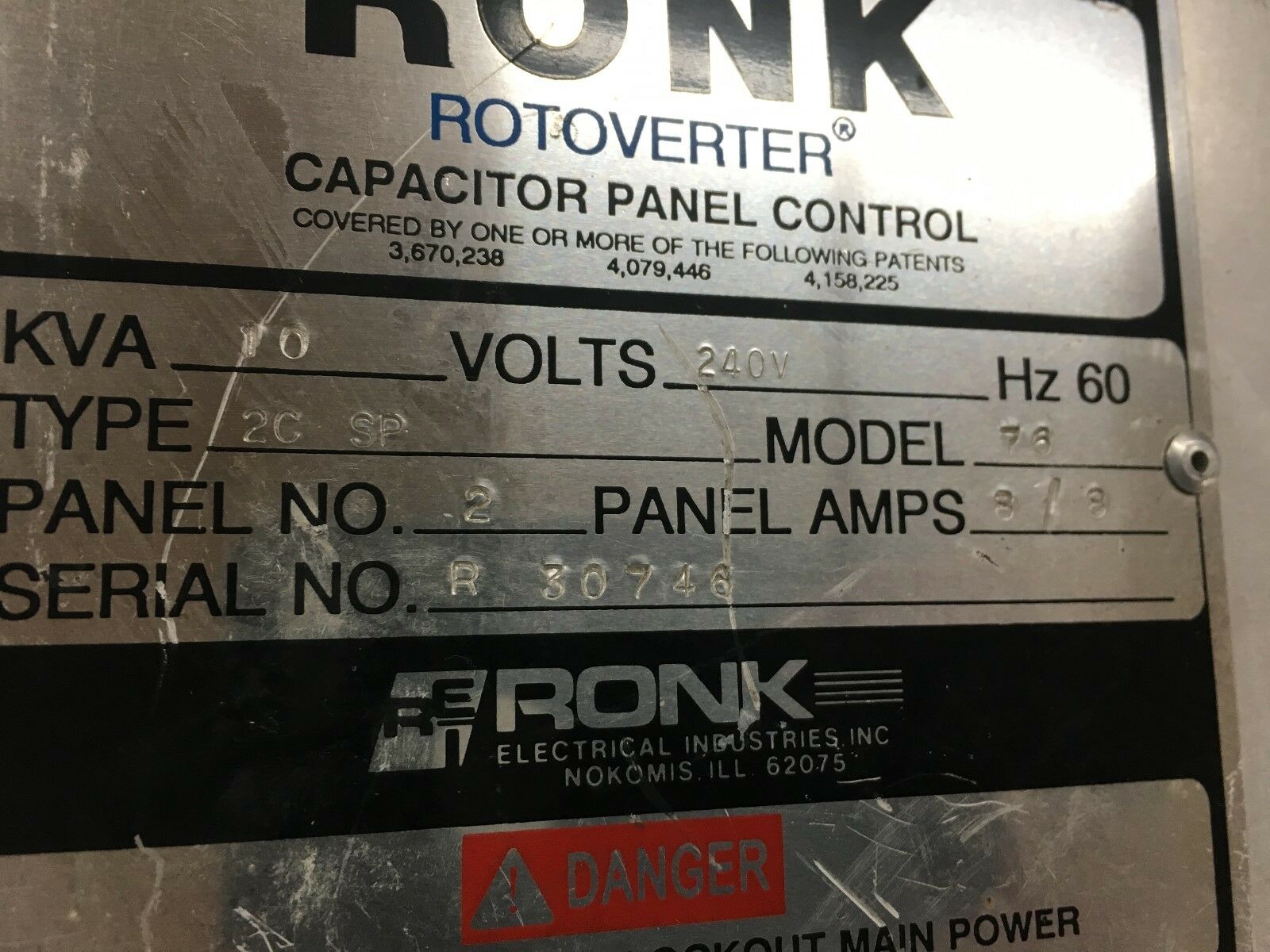 USED RONK 10 KVA ROTOVERTER 240V CAPAITOR PANEL CONTROL MODEL 76