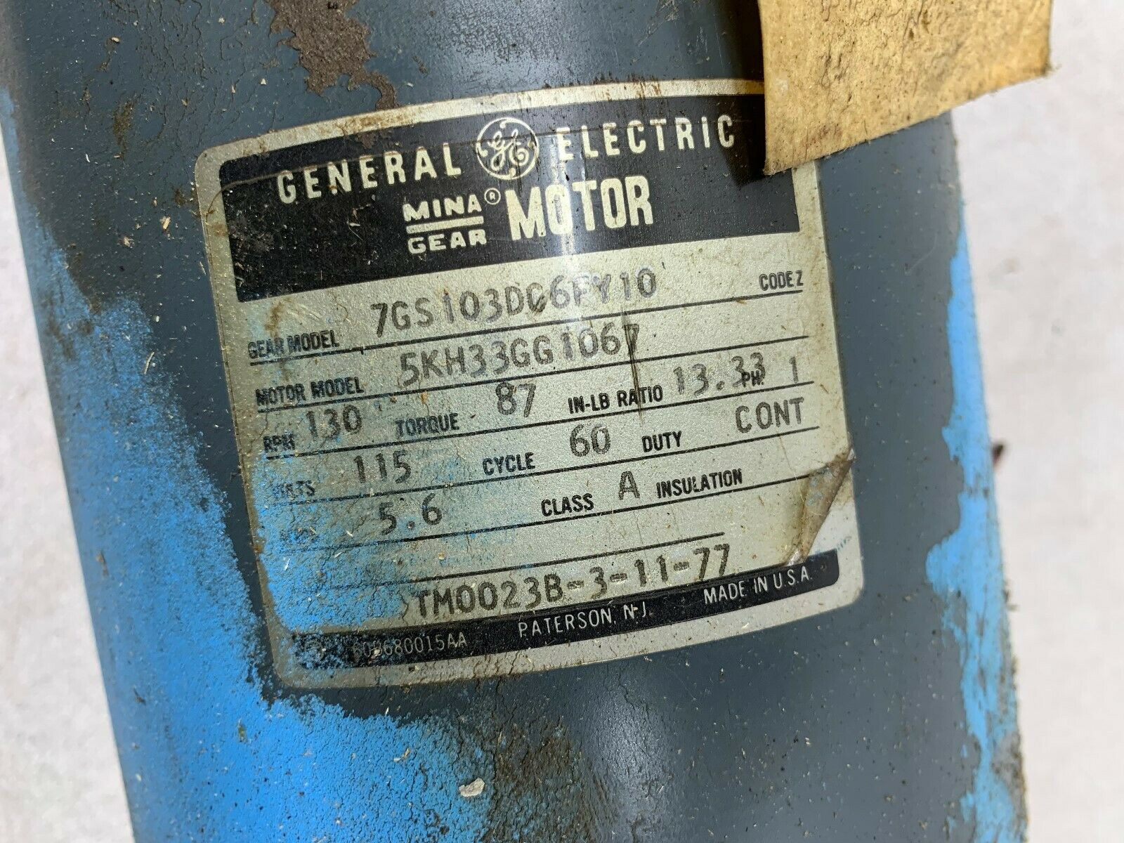 USED GENERAL ELECTRIC 13.33:1 GEARMOTOR 5KH33GG1067 WITH 7GS103DC6FY10