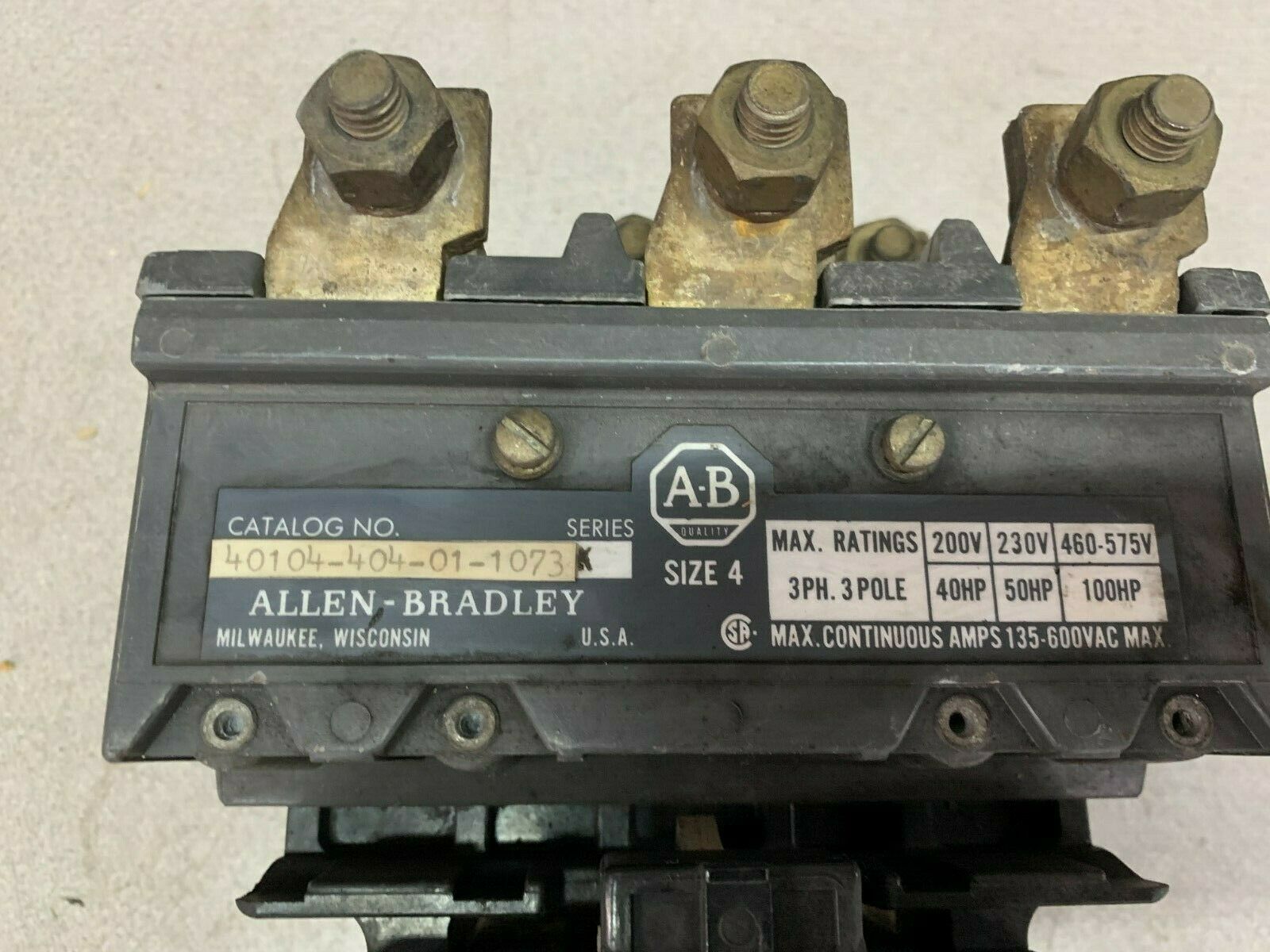 USED ALLEN-BRADLEY 110/120V. COIL SIZE 4 STARTER 40104-404-01-1073