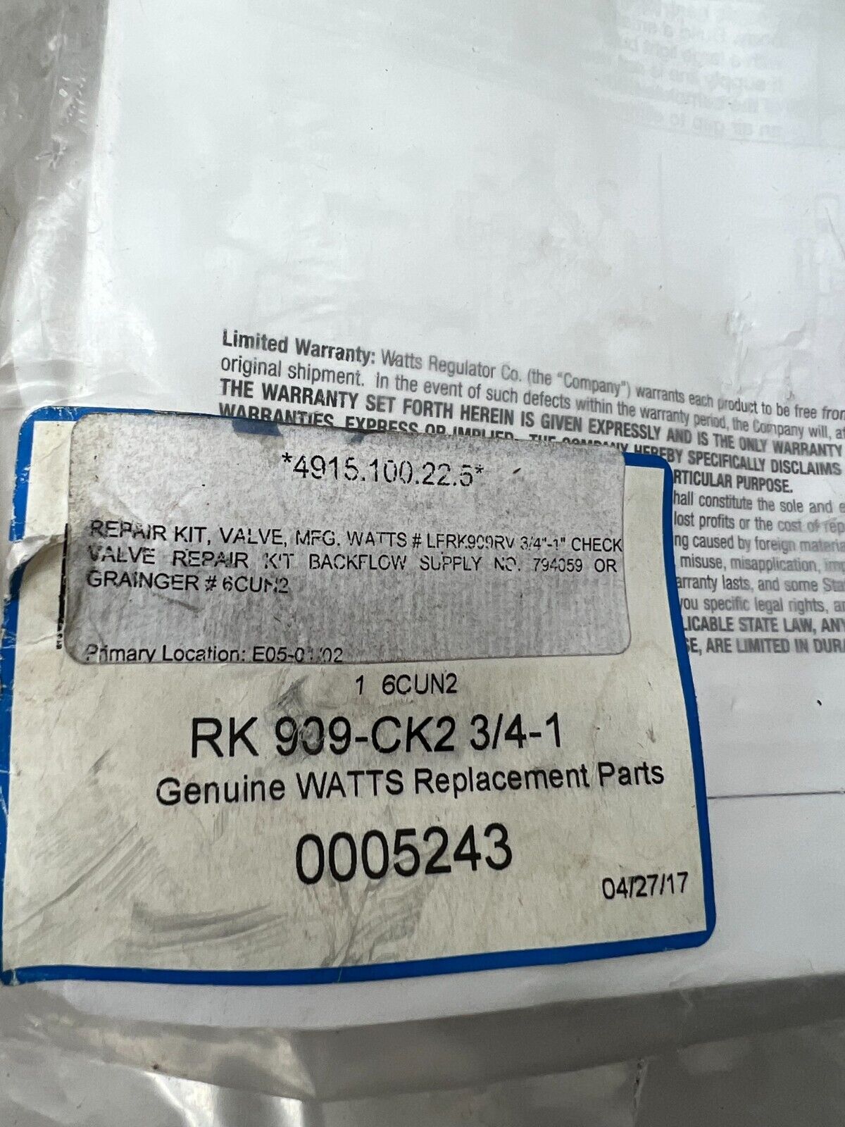 NEW IN BAG GENUINE  REPLACEMENT PARTS RK 909-CK2 3/4-1