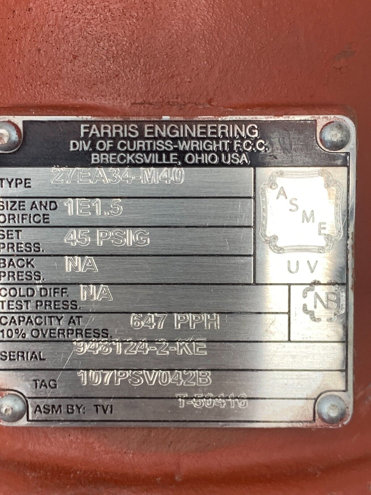 USED FARRIS ENGINEERING SIZE 1E1.5 PRESSURE RELIEF VALVE 45PSIG. 27EA34-M40