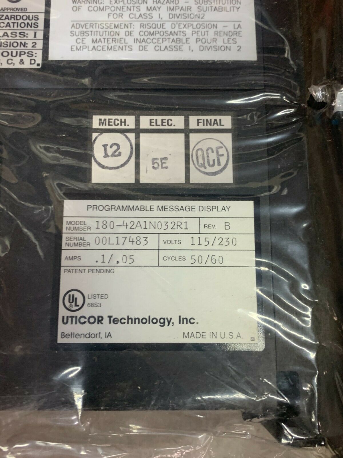 NEW UTICOR TECHNOLOGY PROGRAMMABLE MESSAGE DISPLAY 180-42A1N032R1