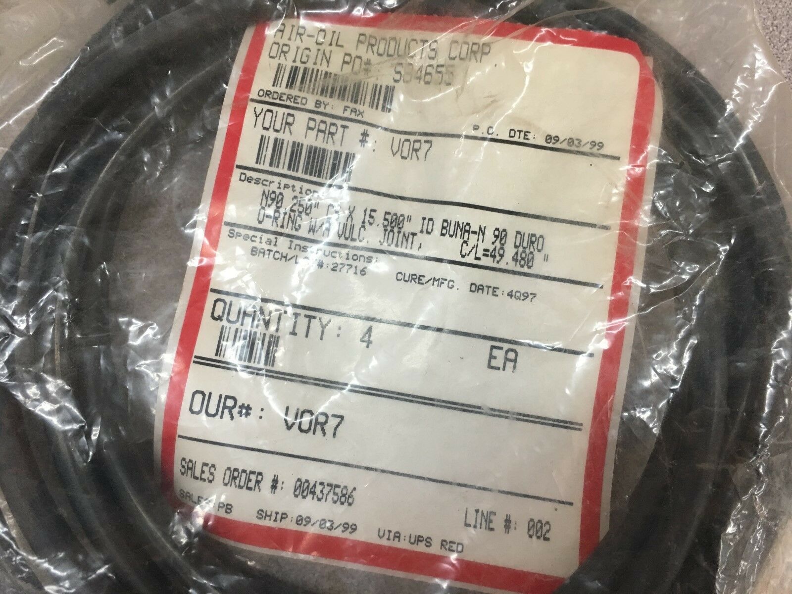 NEW LOT OF 4 AIR OIL PRODUCTS CORP. O RINGS VOR7